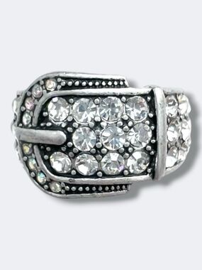 Premier Designs Buckle Up Ring Size 7 Silver CZ AB Crystal Pave Statement